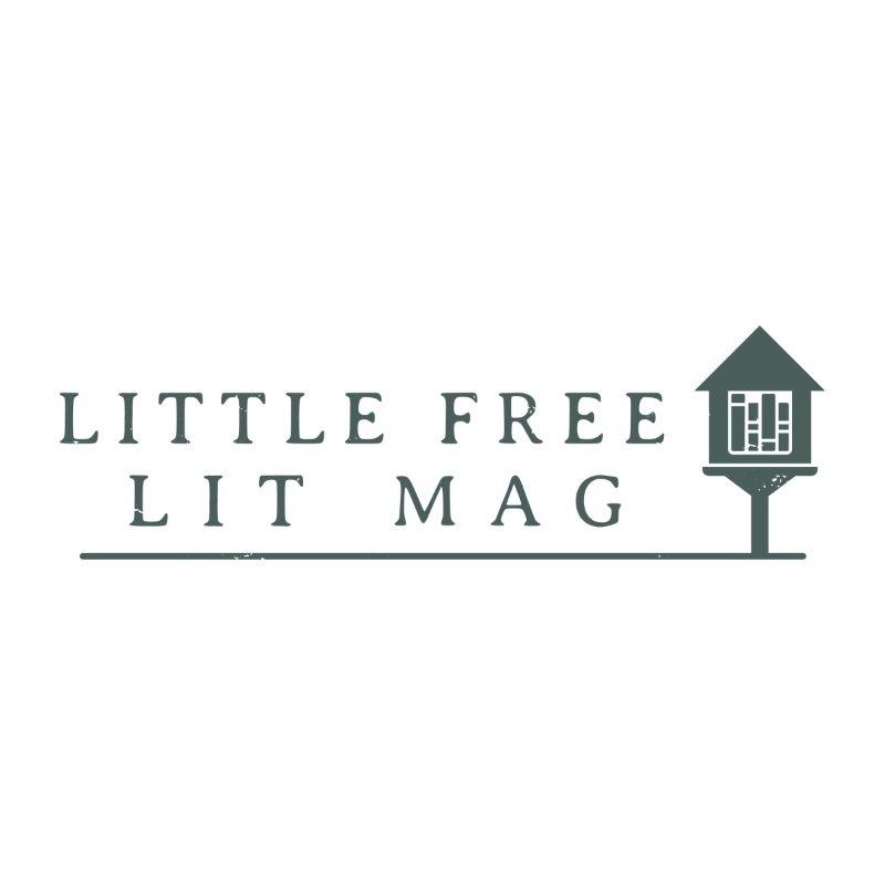 Green and white logo block with the text Little Free Lit Mag next to an illustrated outline of a Little Free Library on a post.