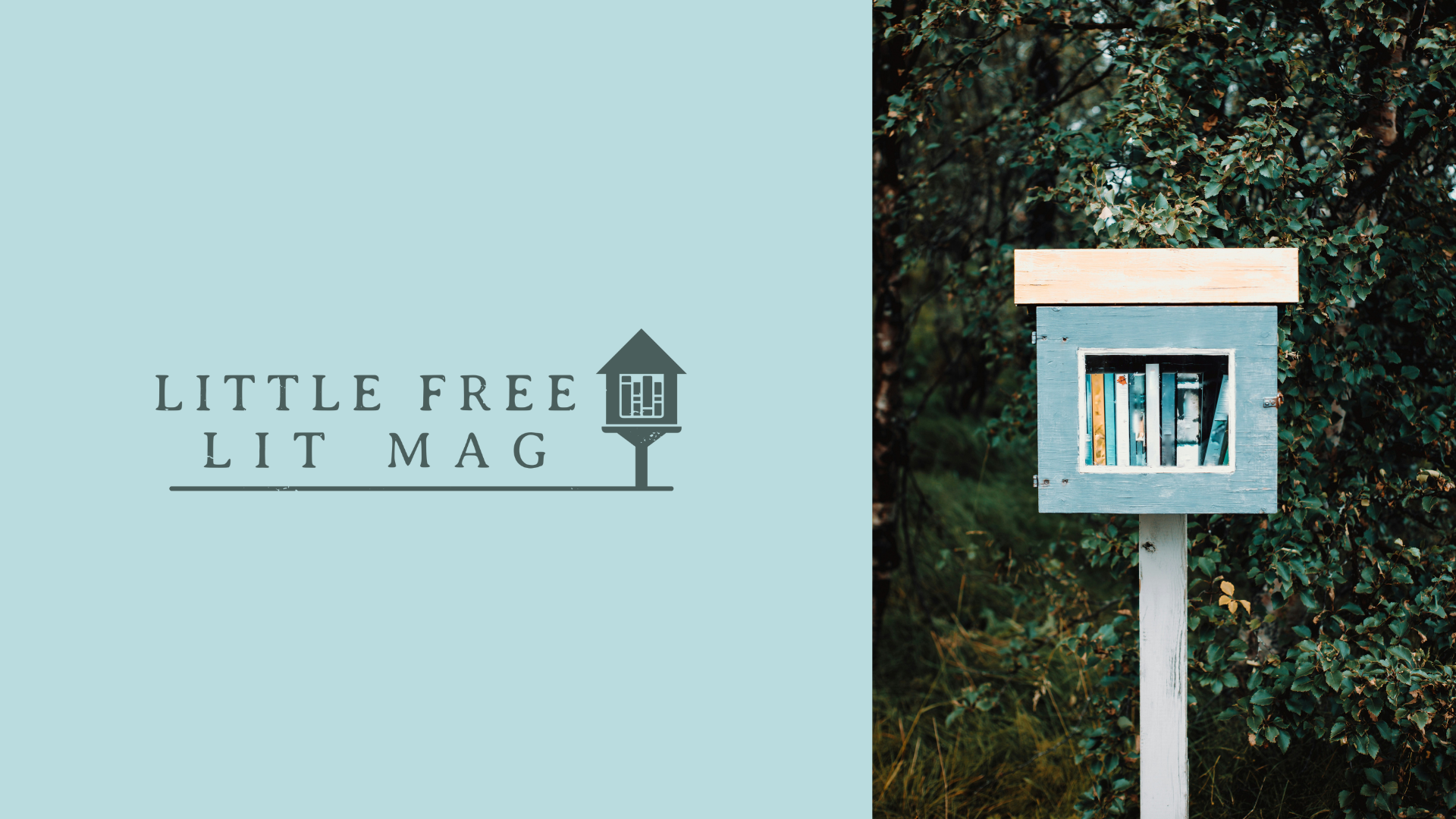 A side by side of a green Little Free Lit Mag logo against a blue background, and a little free library box with a blue wooden frame and trees behind it.