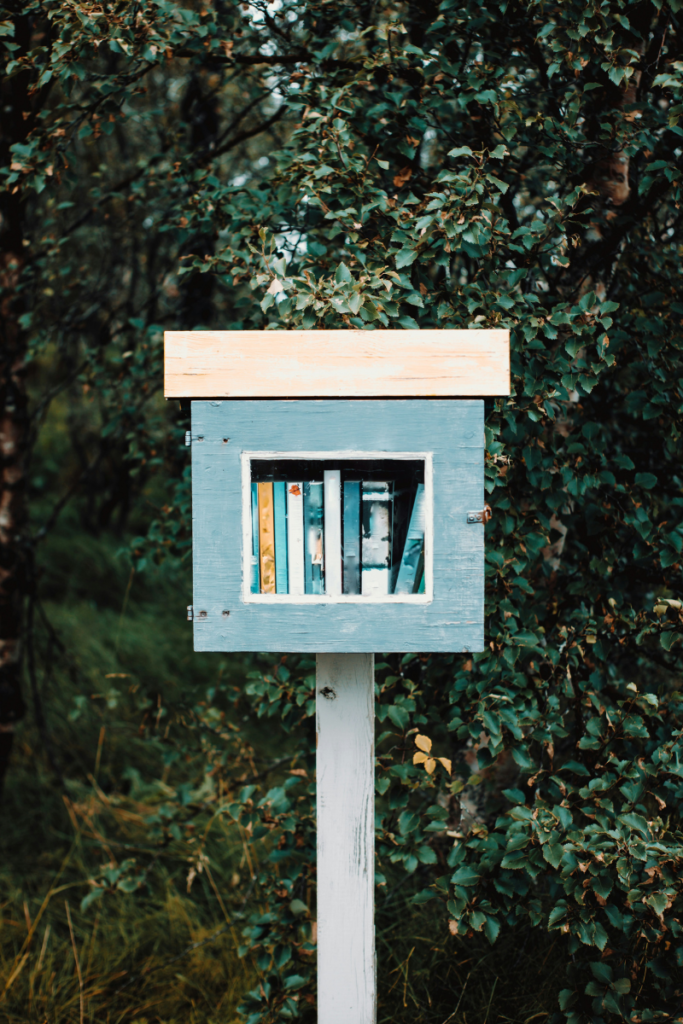 A little free library box with a blue wooden frame and trees behind it.